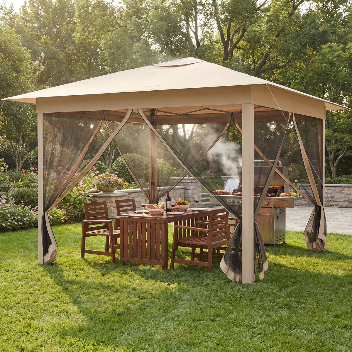 11.5 x 11.5 FT Pop-up Canopy Instant One-Person Setup with Mesh Screen Netting-Beige-Canopies-DECOROLALA