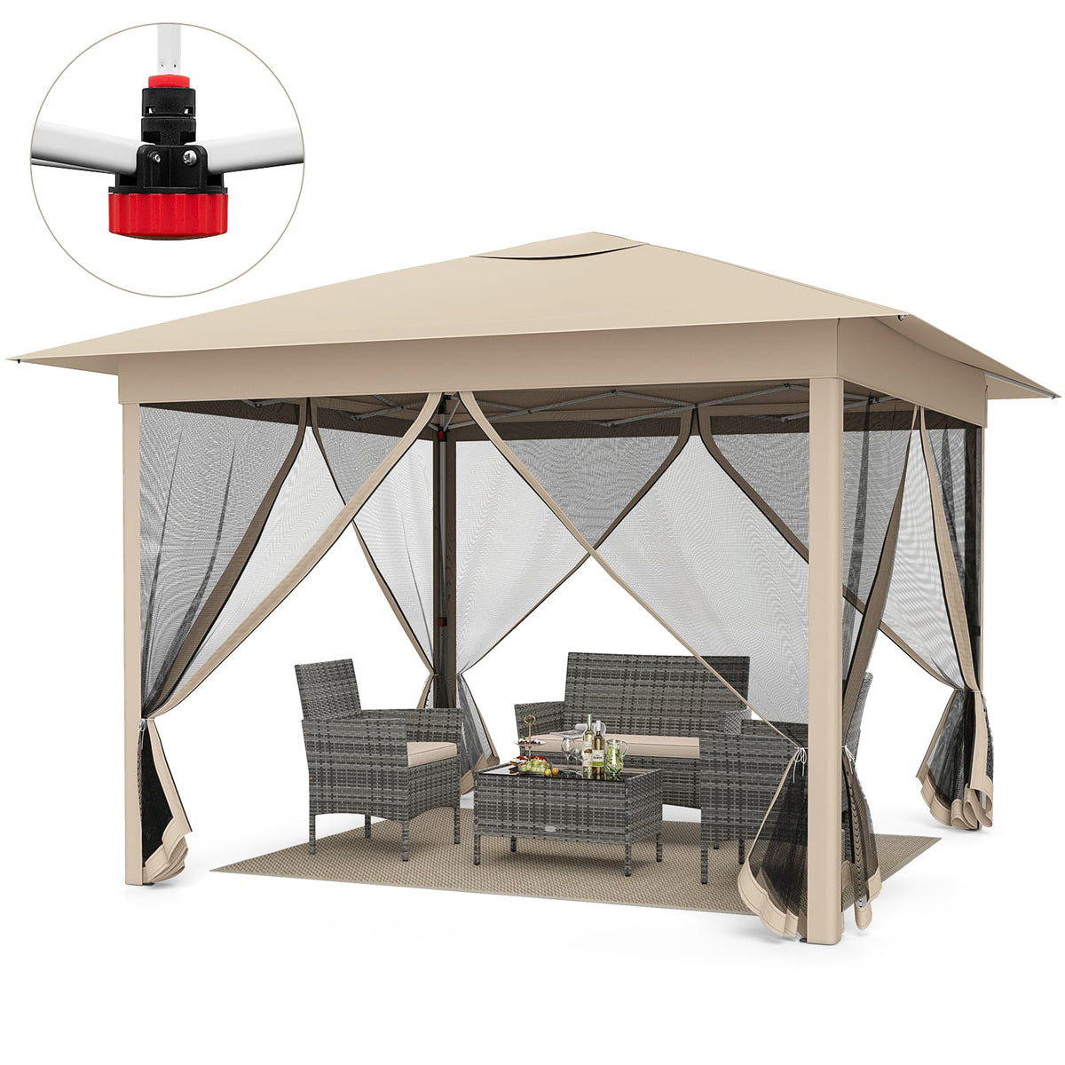 11.5 x 11.5 FT Pop-up Canopy Instant One-Person Setup with Mesh Screen Netting-Beige-Canopies-DECOROLALA