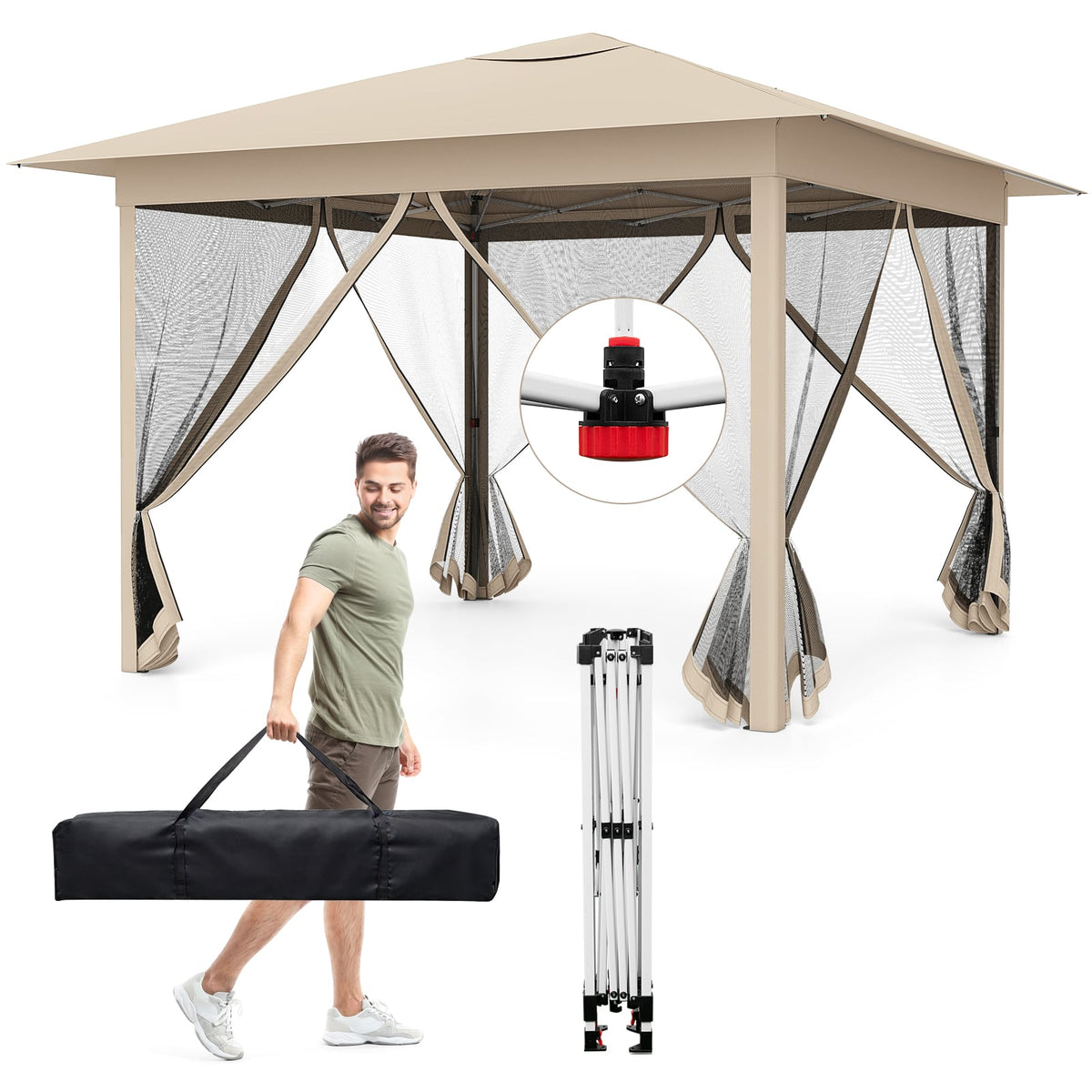 11.5 x 11.5 FT Pop-up Canopy Instant One-Person Setup with Mesh Screen Netting-Beige-Canopies-DECOROLALA