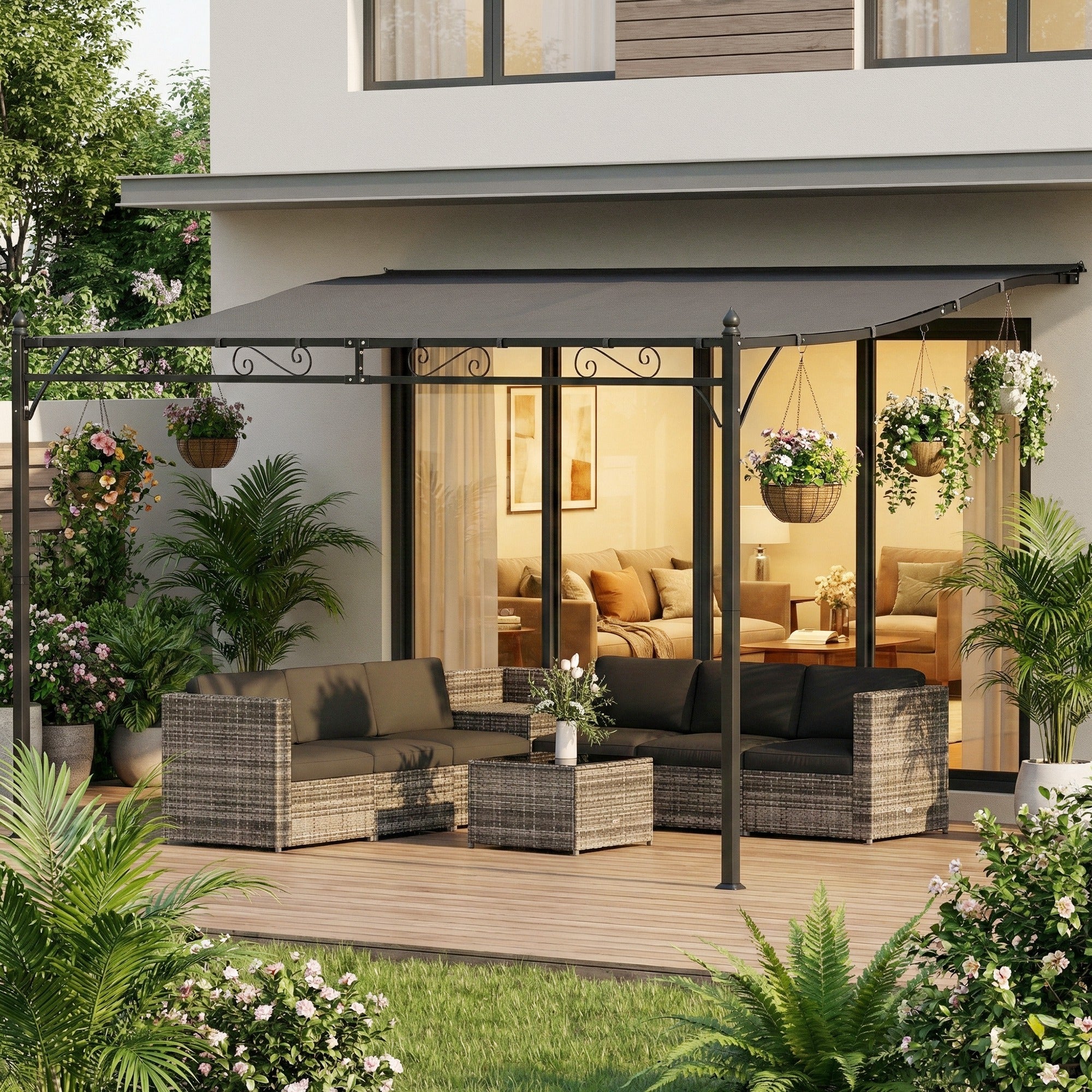 11.5' x 8.2' Wall Mounted Pergola - Dark Grey Metal-DECOROLALA
