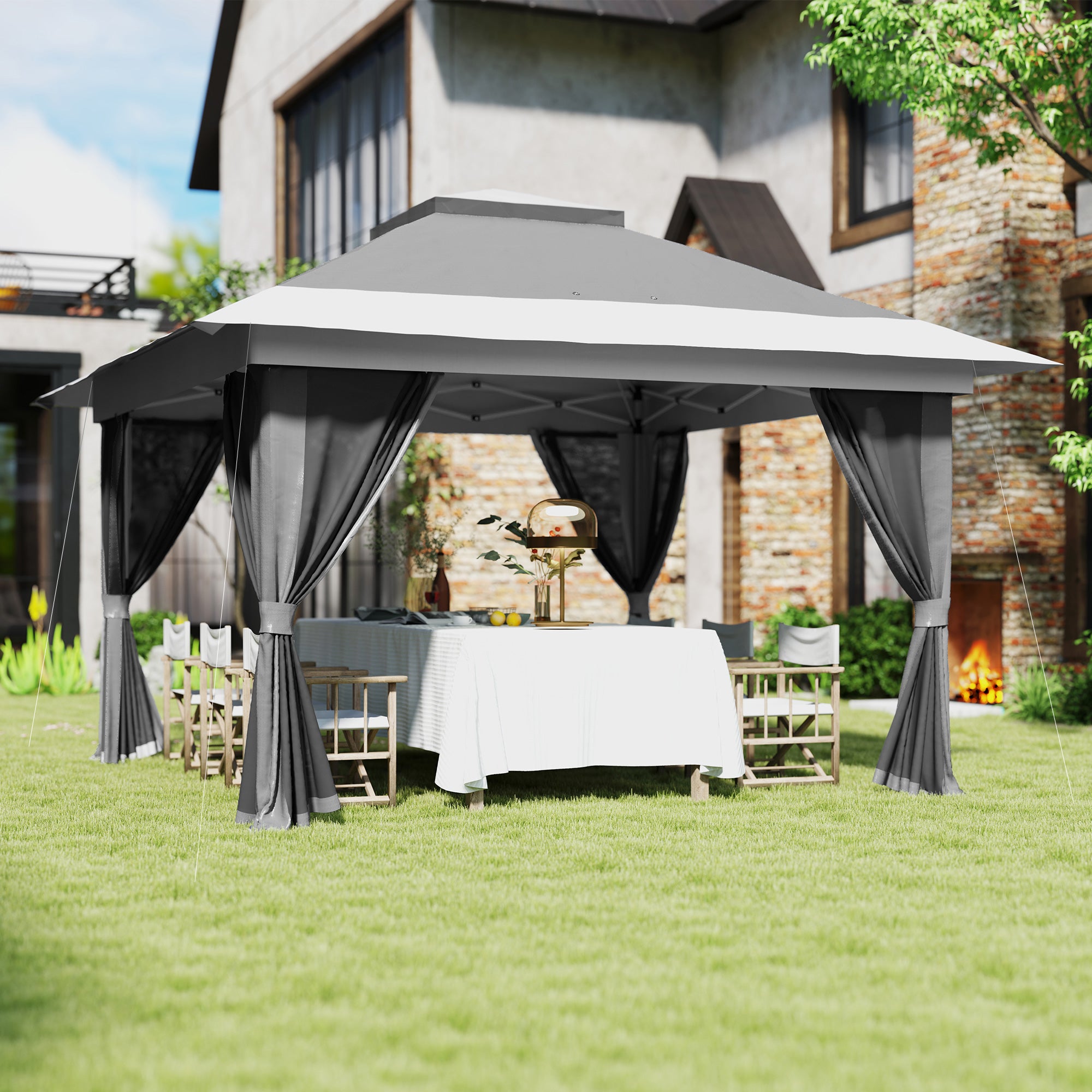 11.7' x 11.7' Pop Up Canopy Tent with Netting - Dark Grey-DECOROLALA