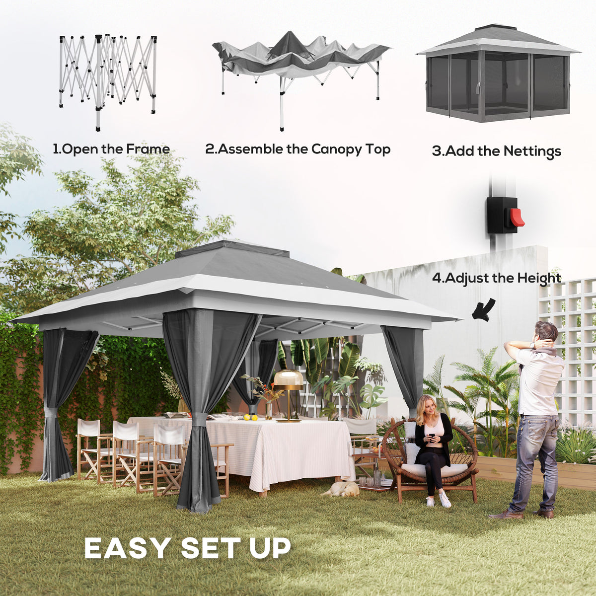 11.7' x 11.7' Pop Up Canopy Tent with Netting - Dark Grey-Pop-Up Canopies-DECOROLALA