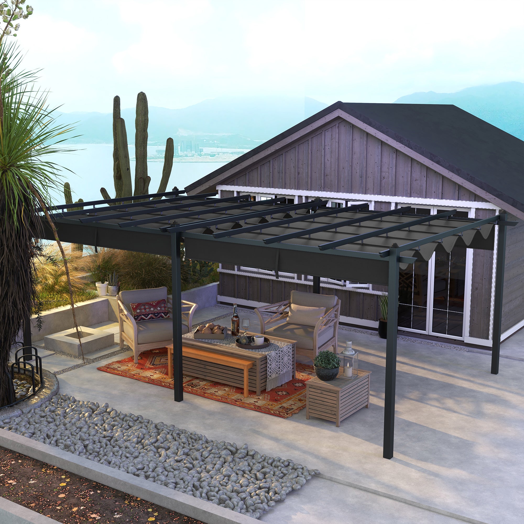 11.7' x 19.6' Retractable Aluminum Pergola - Dark Grey-DECOROLALA