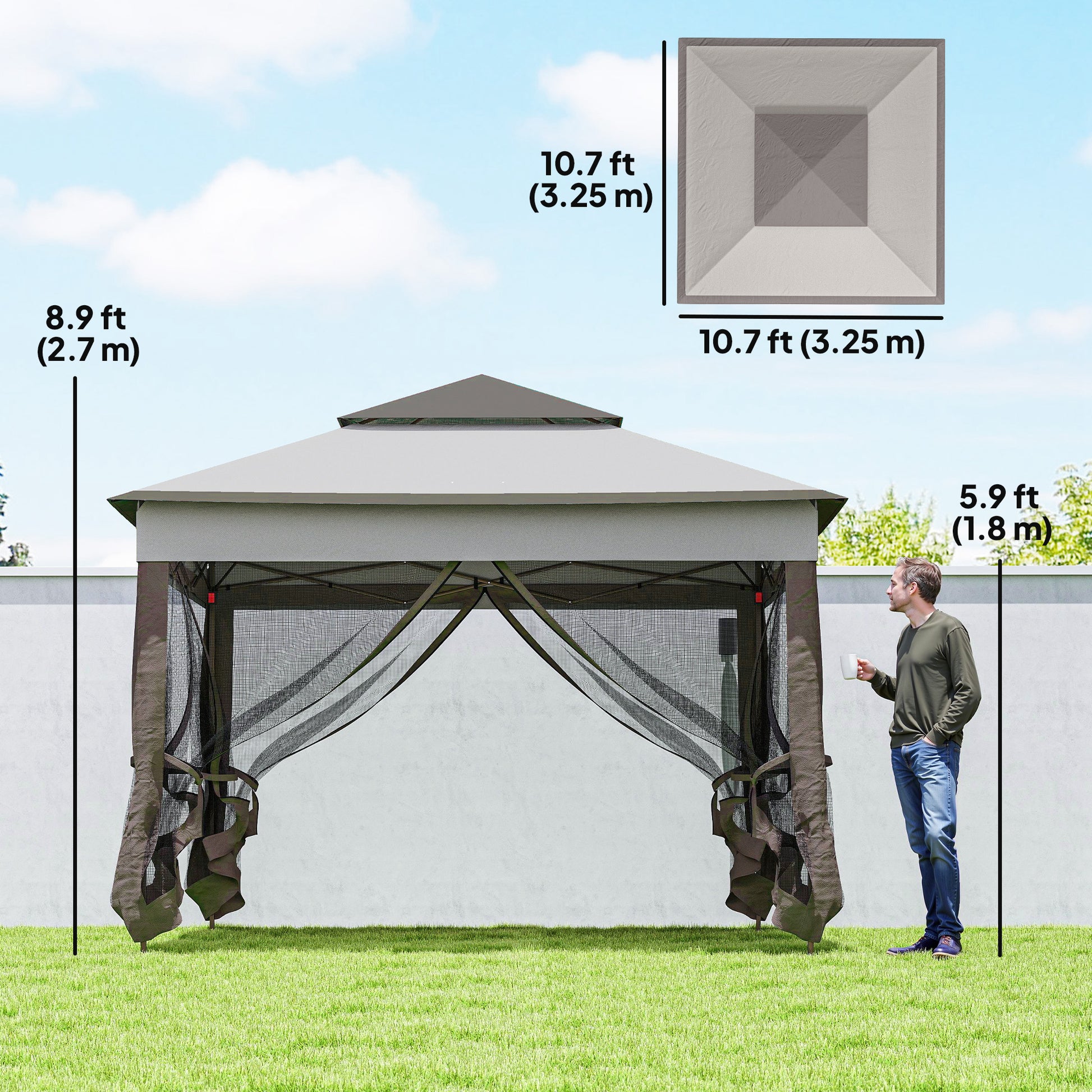 11x11 Pop Up Canopy 2-Tier Mesh Tent Grey-DECOROLALA