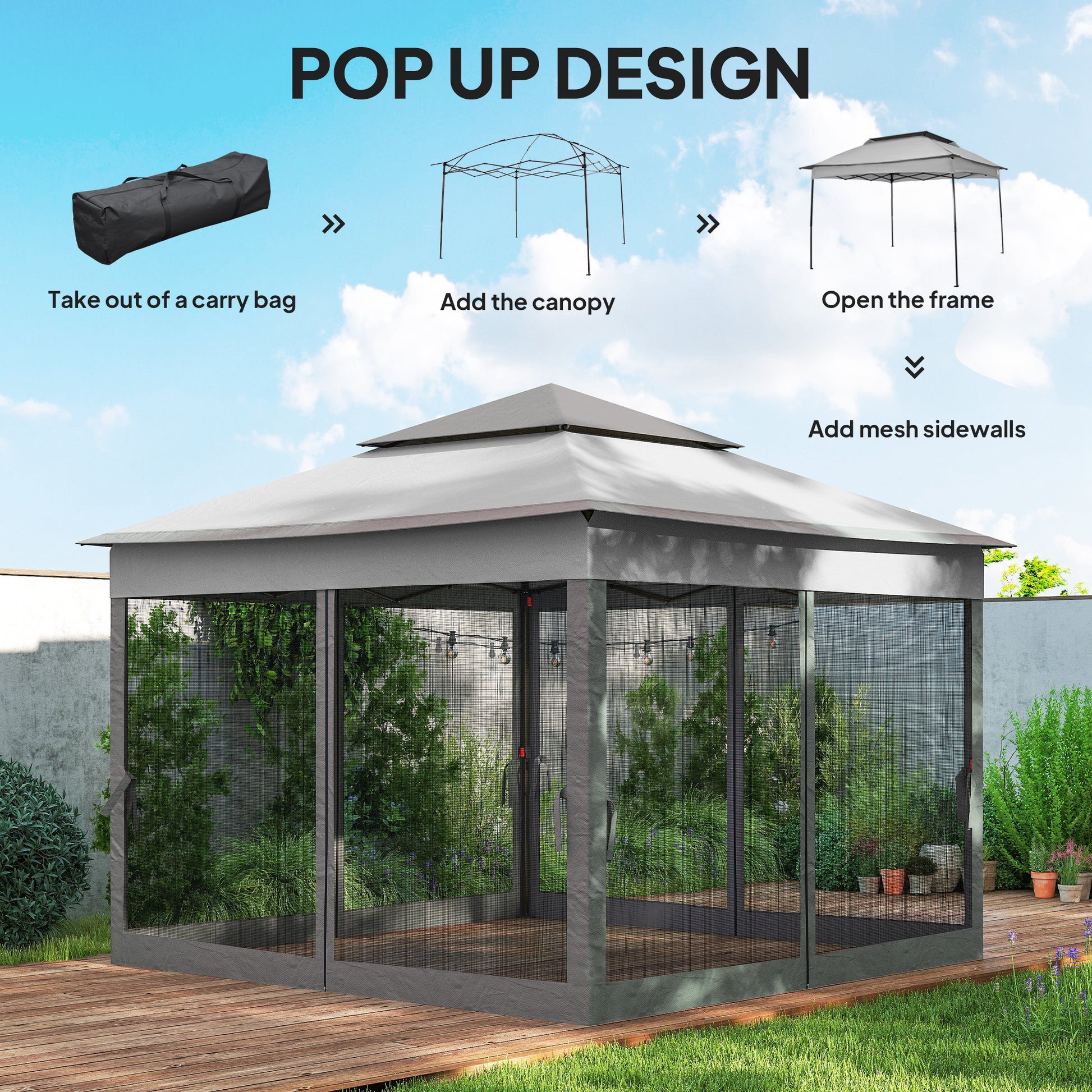 11x11 Pop Up Canopy 2-Tier Mesh Tent Grey-DECOROLALA