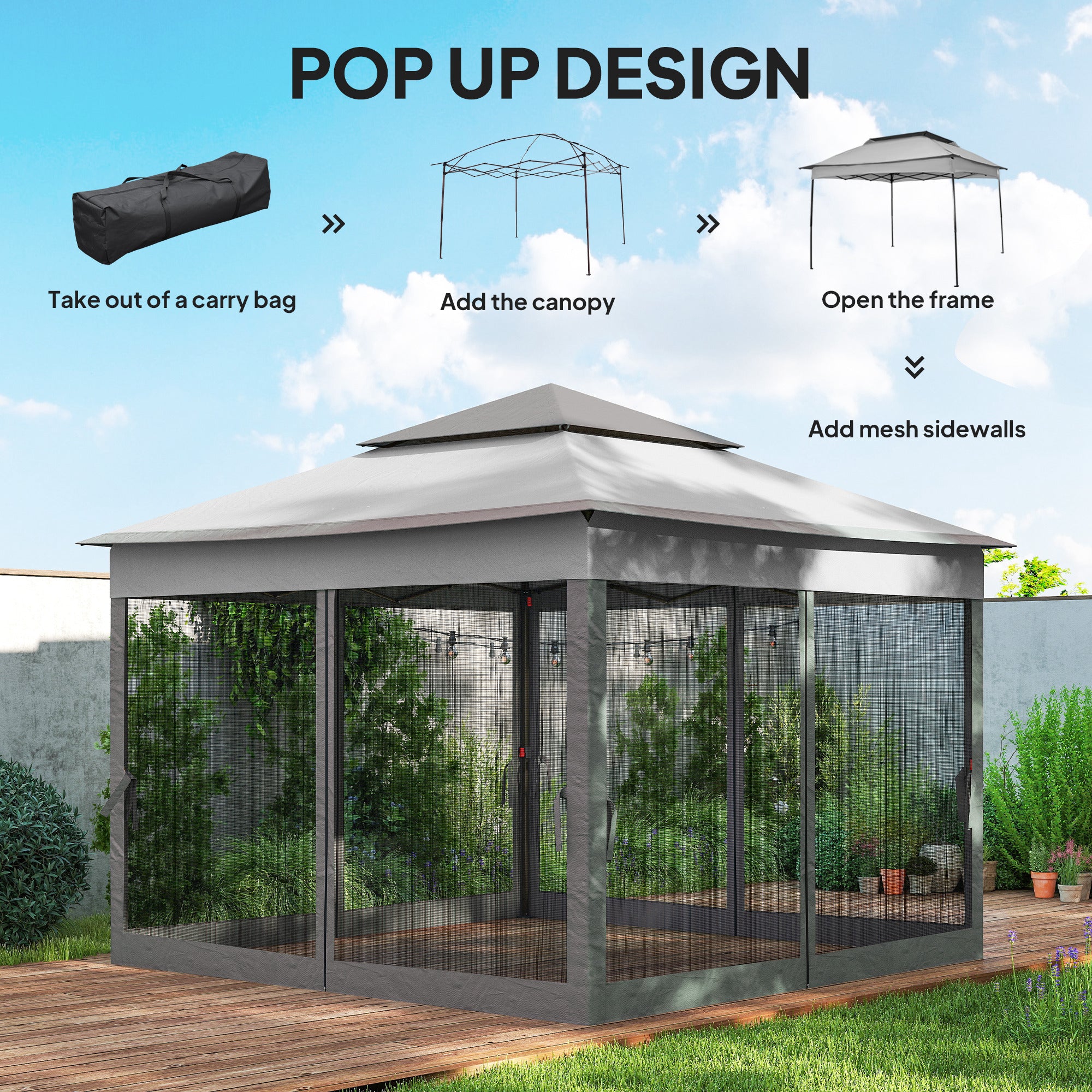 11x11 Pop Up Canopy 2-Tier Mesh Tent Grey-DECOROLALA