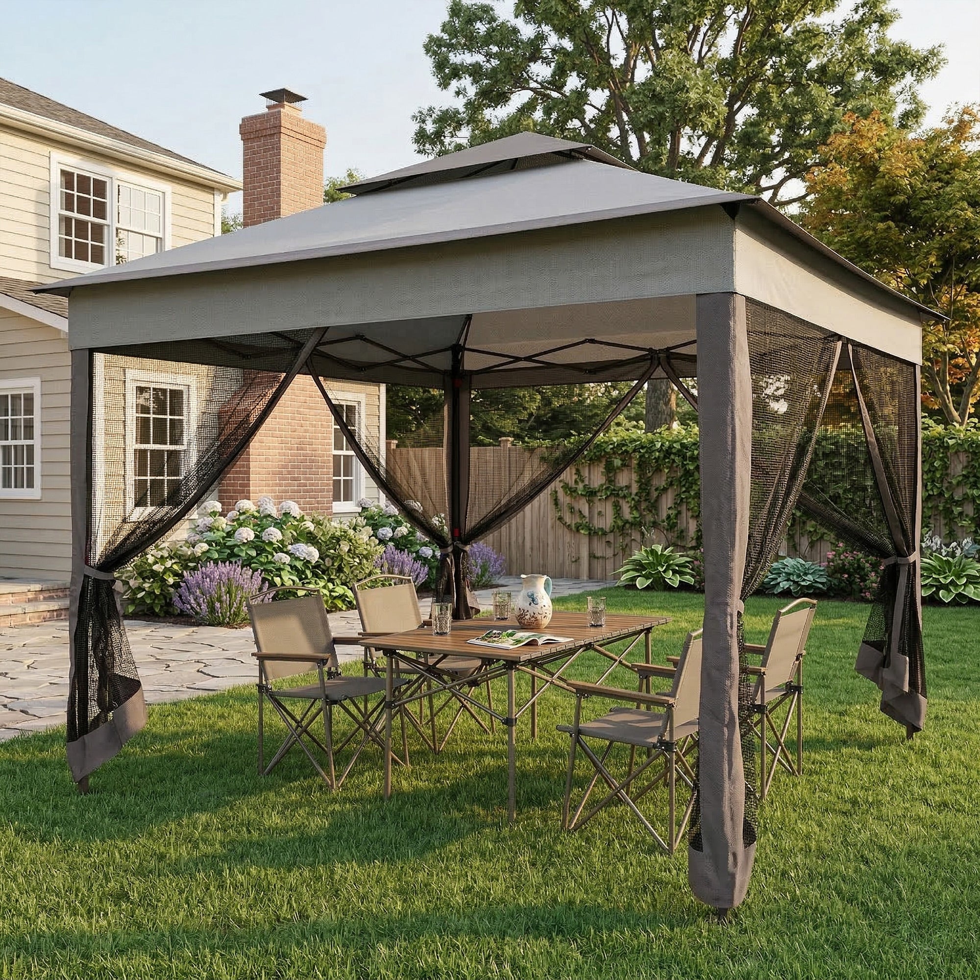 11x11 Pop Up Canopy 2-Tier Mesh Tent Grey-DECOROLALA