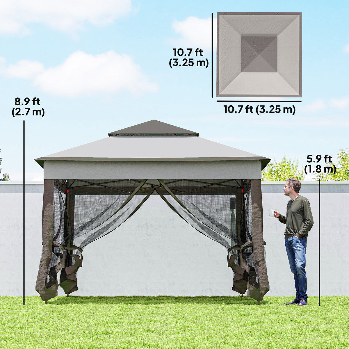 11x11 Pop Up Canopy 2-Tier Mesh Tent Grey-Pop-Up Canopies-DECOROLALA