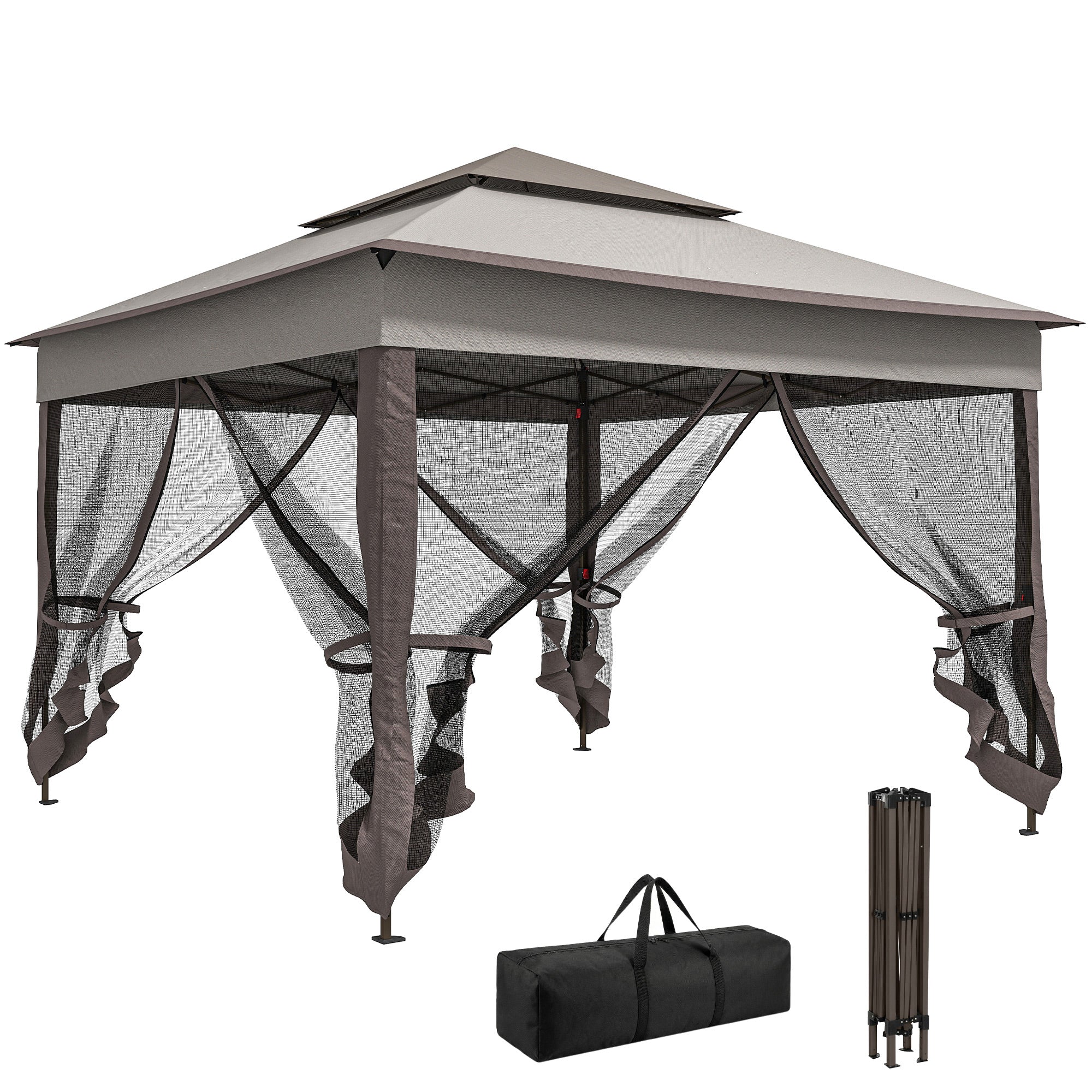 11x11 Pop Up Canopy 2-Tier Mesh Tent Grey-DECOROLALA
