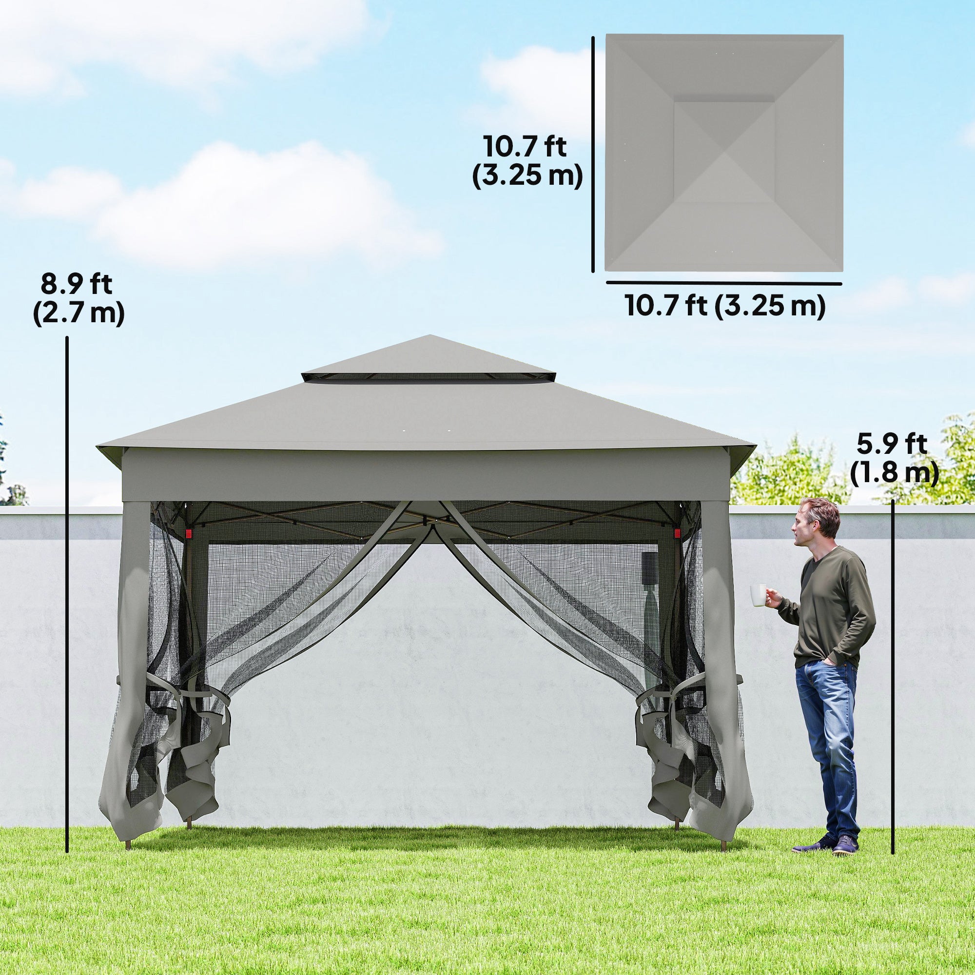 11x11 Pop Up Canopy Tent w/ Netting Light Grey-DECOROLALA