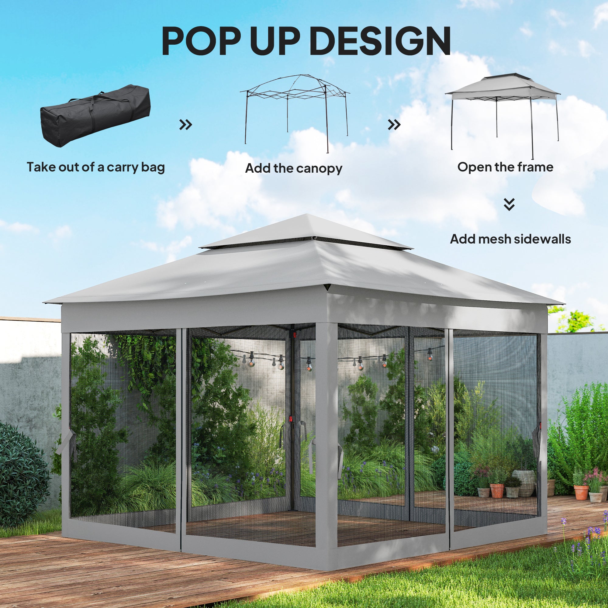 11x11 Pop Up Canopy Tent w/ Netting Light Grey-DECOROLALA