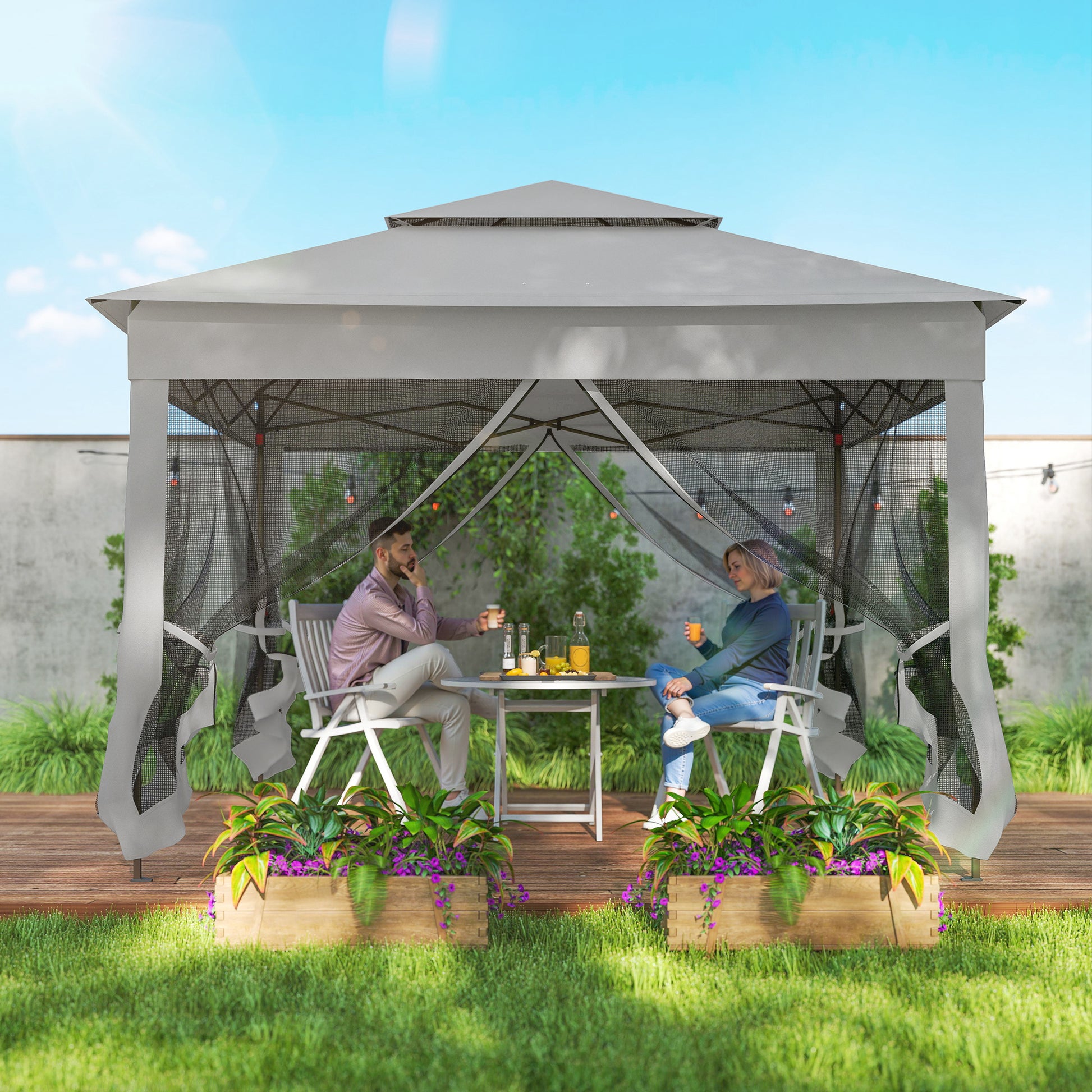 11x11 Pop Up Canopy Tent w/ Netting Light Grey-DECOROLALA
