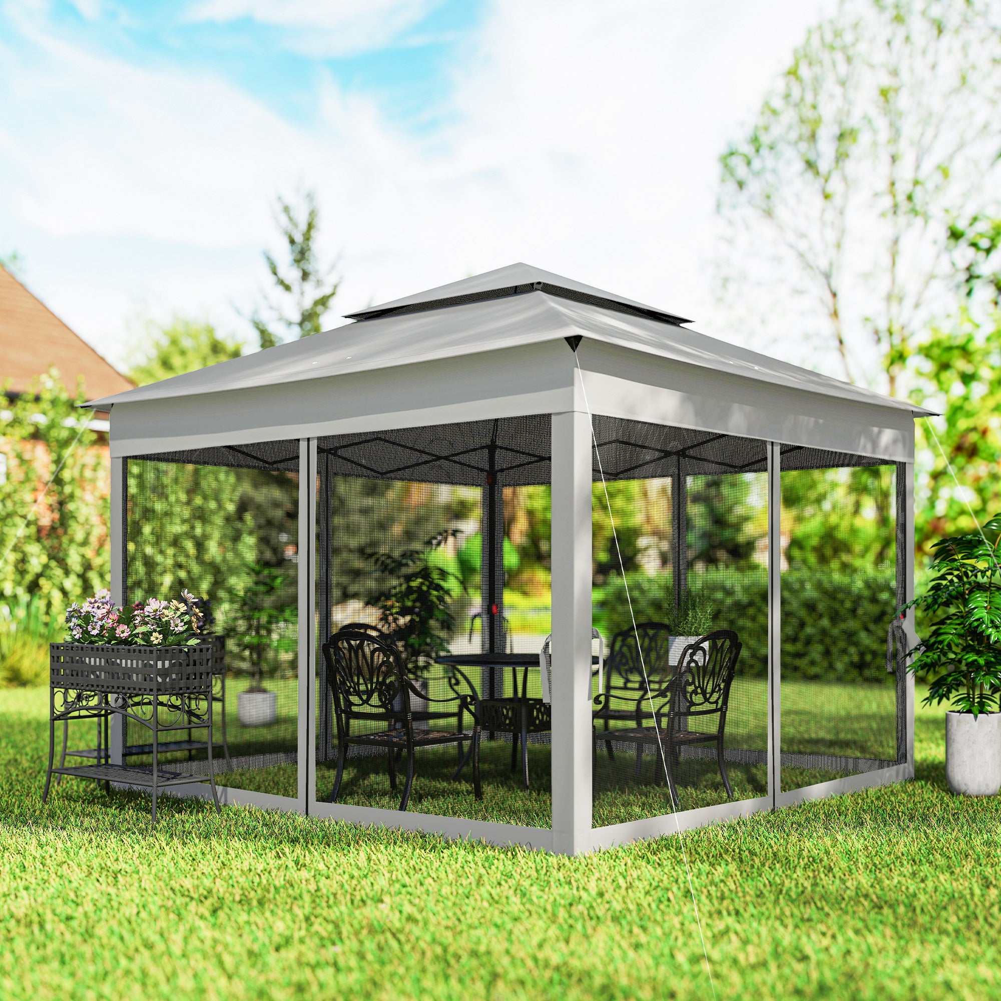 11x11 Pop Up Canopy Tent w/ Netting Light Grey-DECOROLALA