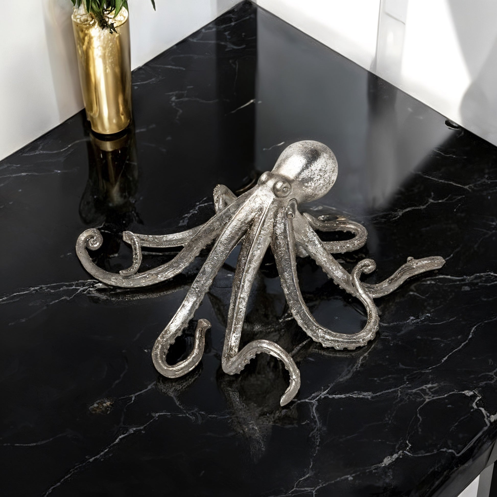 12" Antiqued Silver Resin Octopus Tabletop Sculpture-Sculptures-DECOROLALA