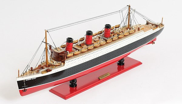 12" Black and Red Solid Wood Hand Painted RMS Queen Mary Large Model Boat-Sculptures-DECOROLALA