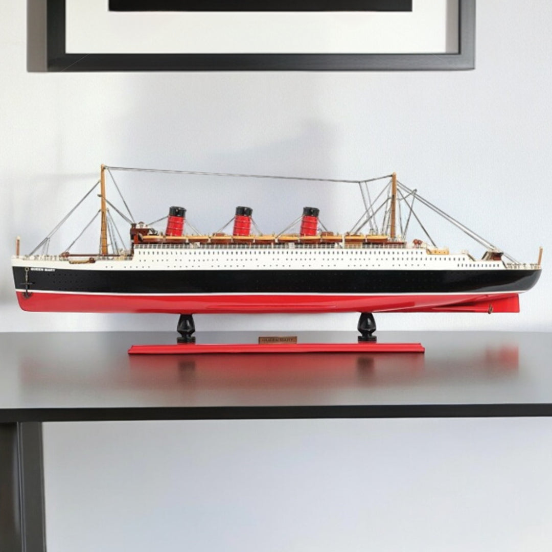 12" Black and Red Solid Wood Hand Painted RMS Queen Mary Large Model Boat-Sculptures-DECOROLALA