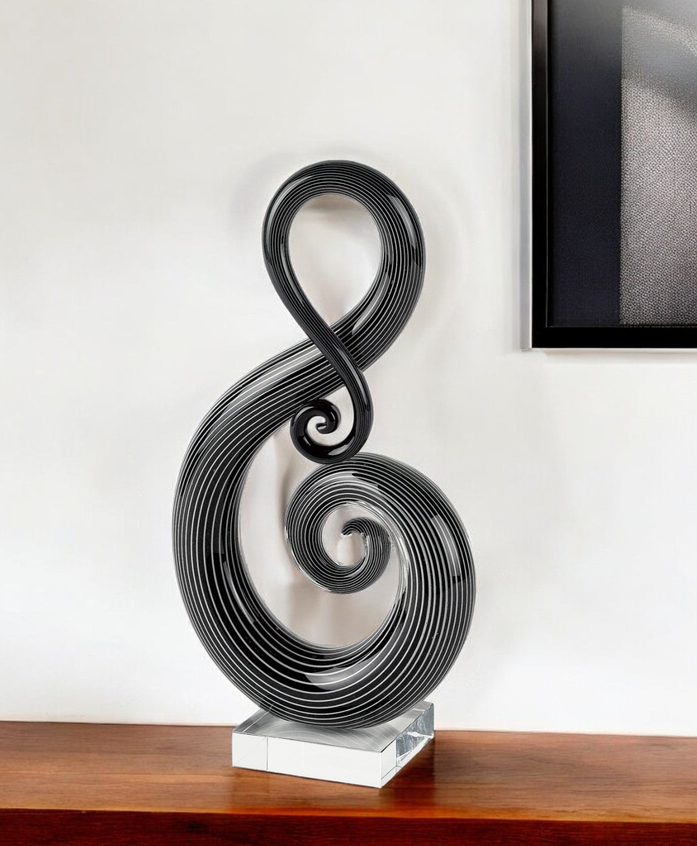 12" Black and White Murano Glass Modern Abstract Tabletop Sculpture-Sculptures-DECOROLALA