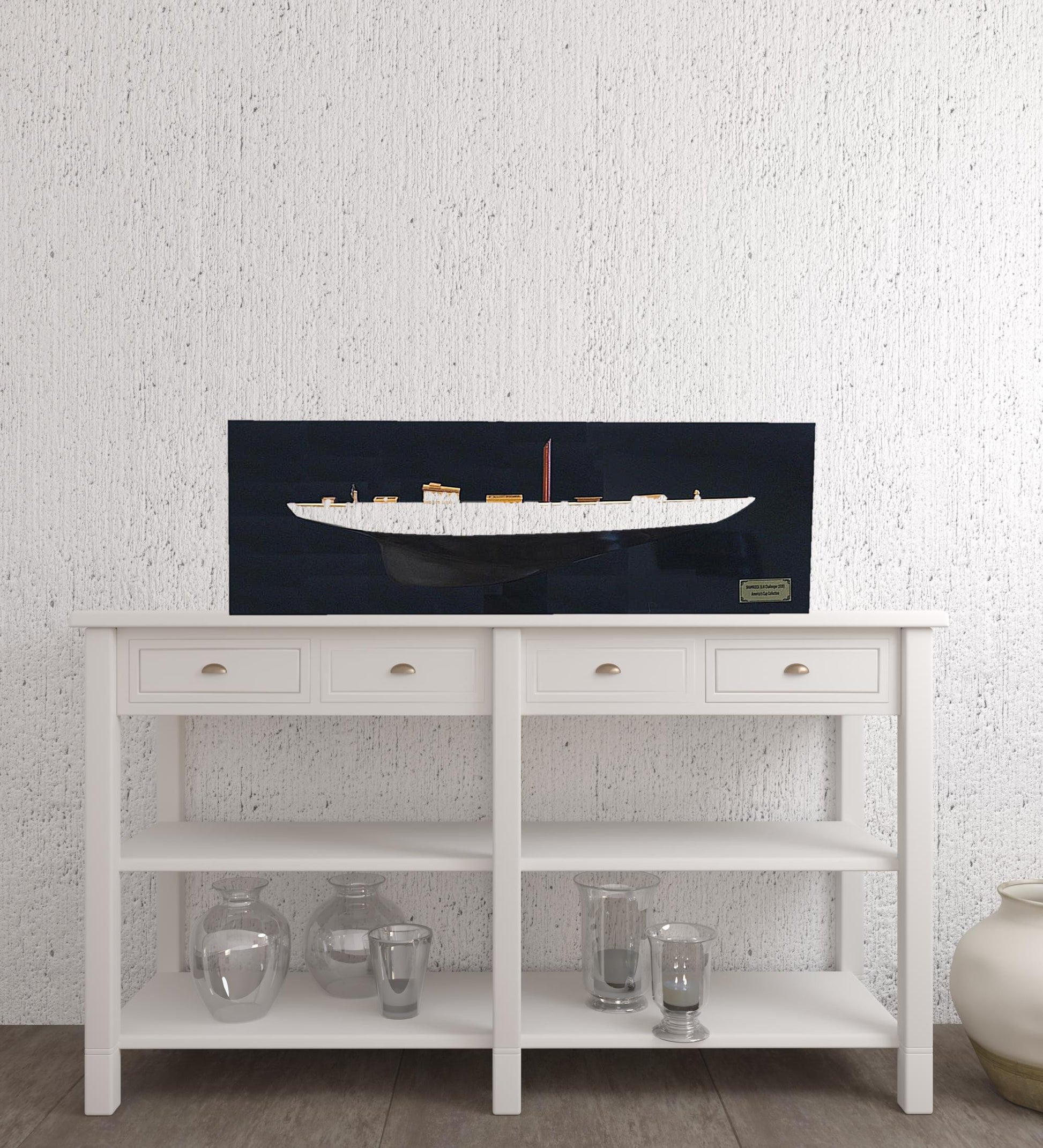 12" Black and White Solid Wood Hand Painted Shamrock V Yacht Half-Hull Model Boat-Sculptures-DECOROLALA