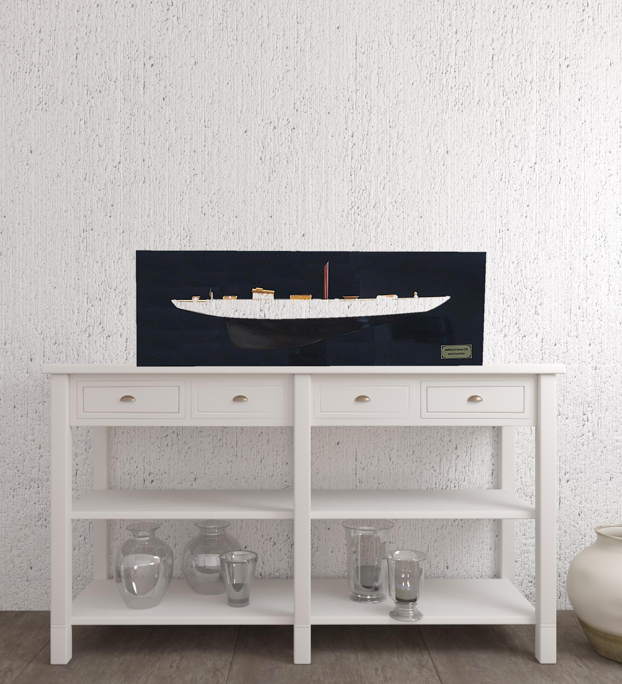 12" Black and White Solid Wood Hand Painted Shamrock V Yacht Half-Hull Model Boat-Sculptures-DECOROLALA