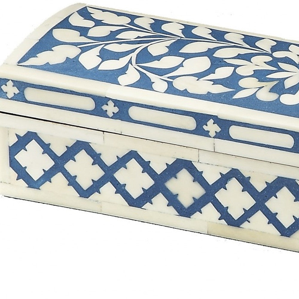 12" Blue And White Bone Inlay Box With Lid-Organizers-DECOROLALA