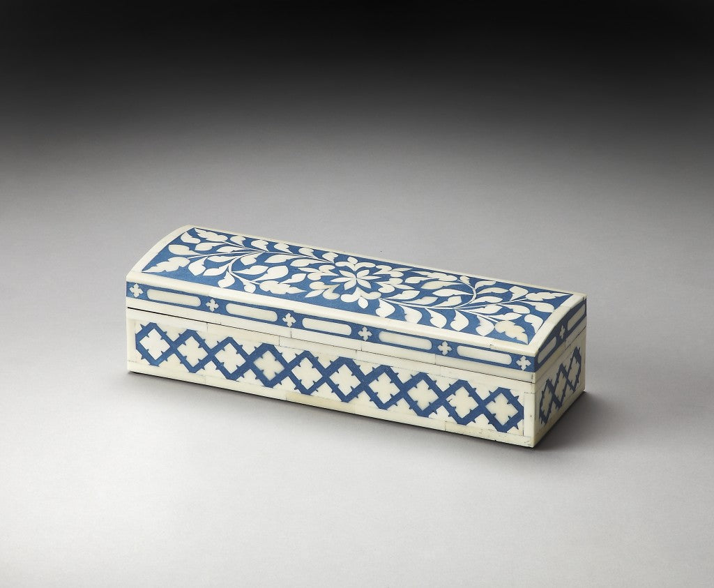 12" Blue And White Bone Inlay Box With Lid-Organizers-DECOROLALA