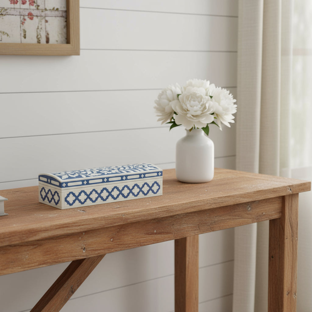 12" Blue And White Bone Inlay Box With Lid-Organizers-DECOROLALA