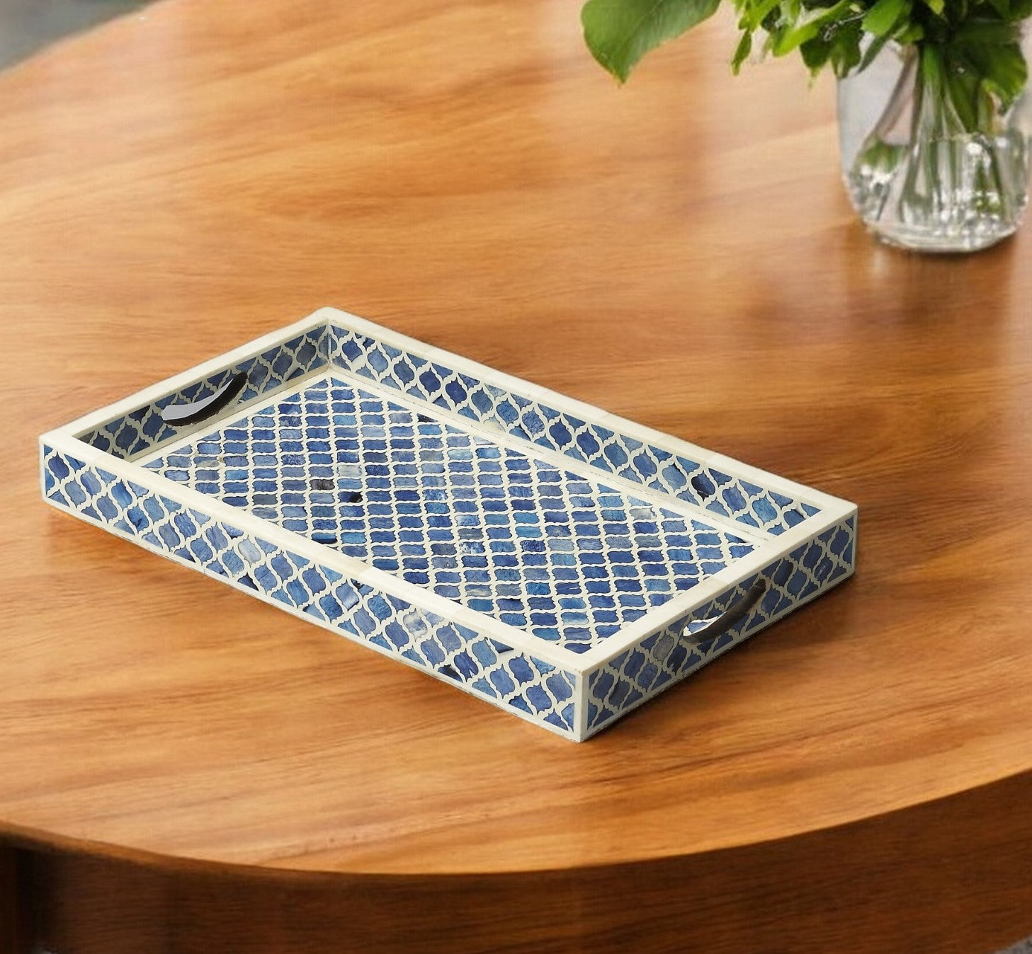 12" Blue Wood Geometric Serving Tray-Trays-DECOROLALA