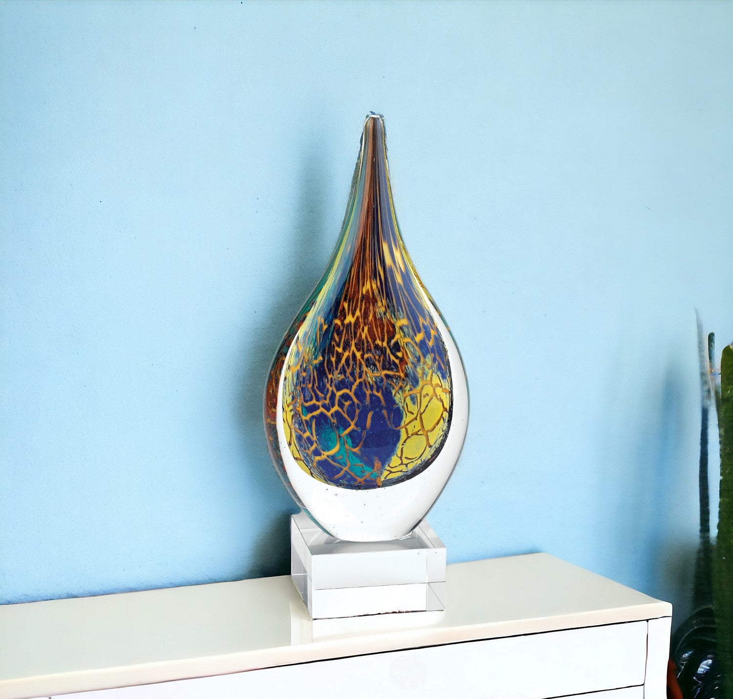 12" Blue and Yellow Murano Glass Modern Abstract Tabletop Sculpture-Sculptures-DECOROLALA