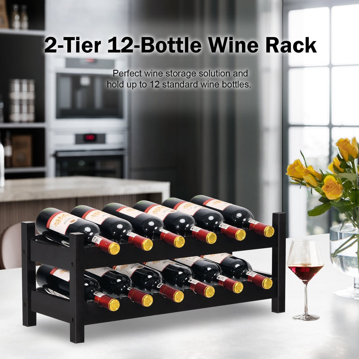 12 Bottles 2-Tier Bamboo Storage Shelf Wine Rack-Brown-Wine Racks-DECOROLALA