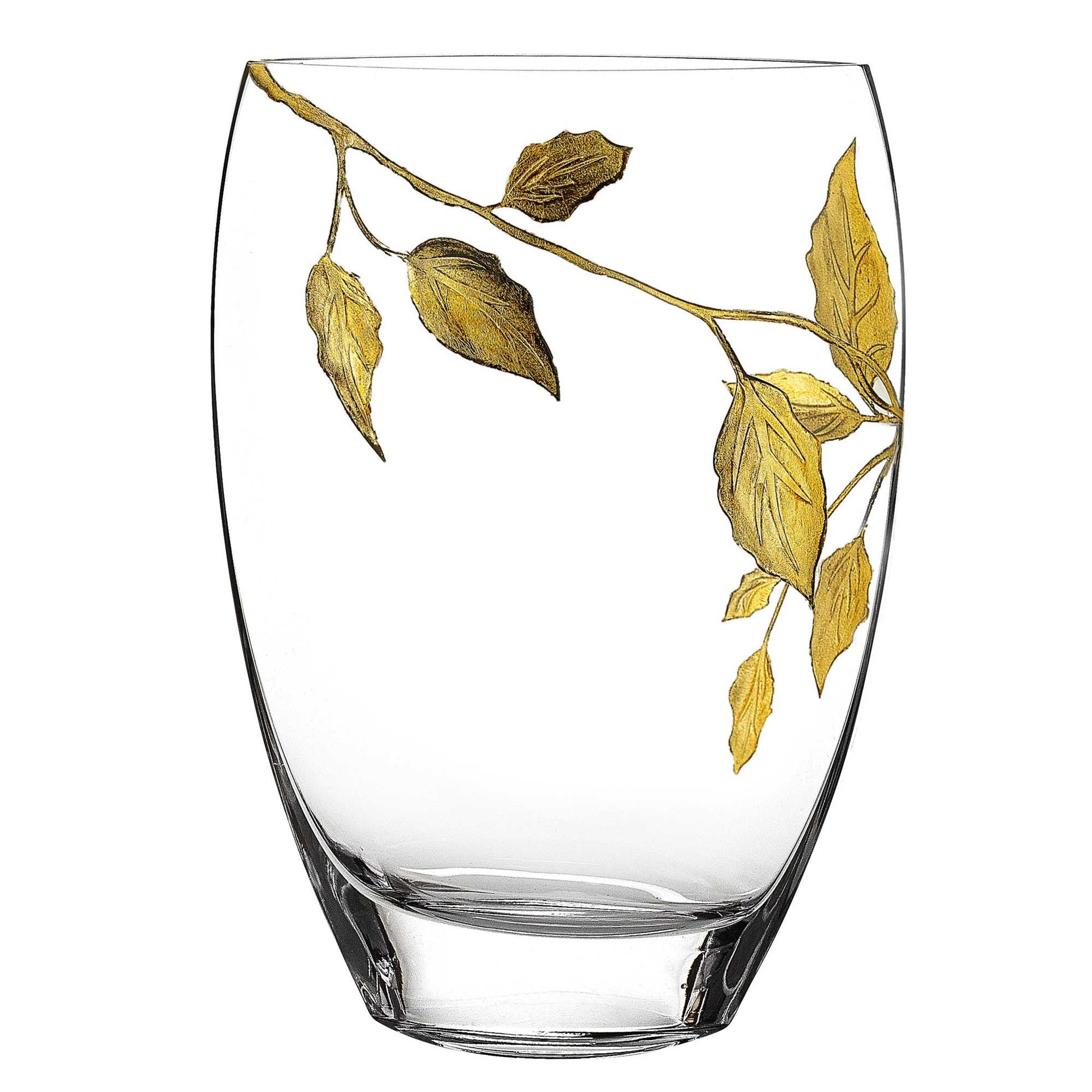 12" Clear And Gold Leaves Oval Crystal Glass Table Vase-Vases-DECOROLALA