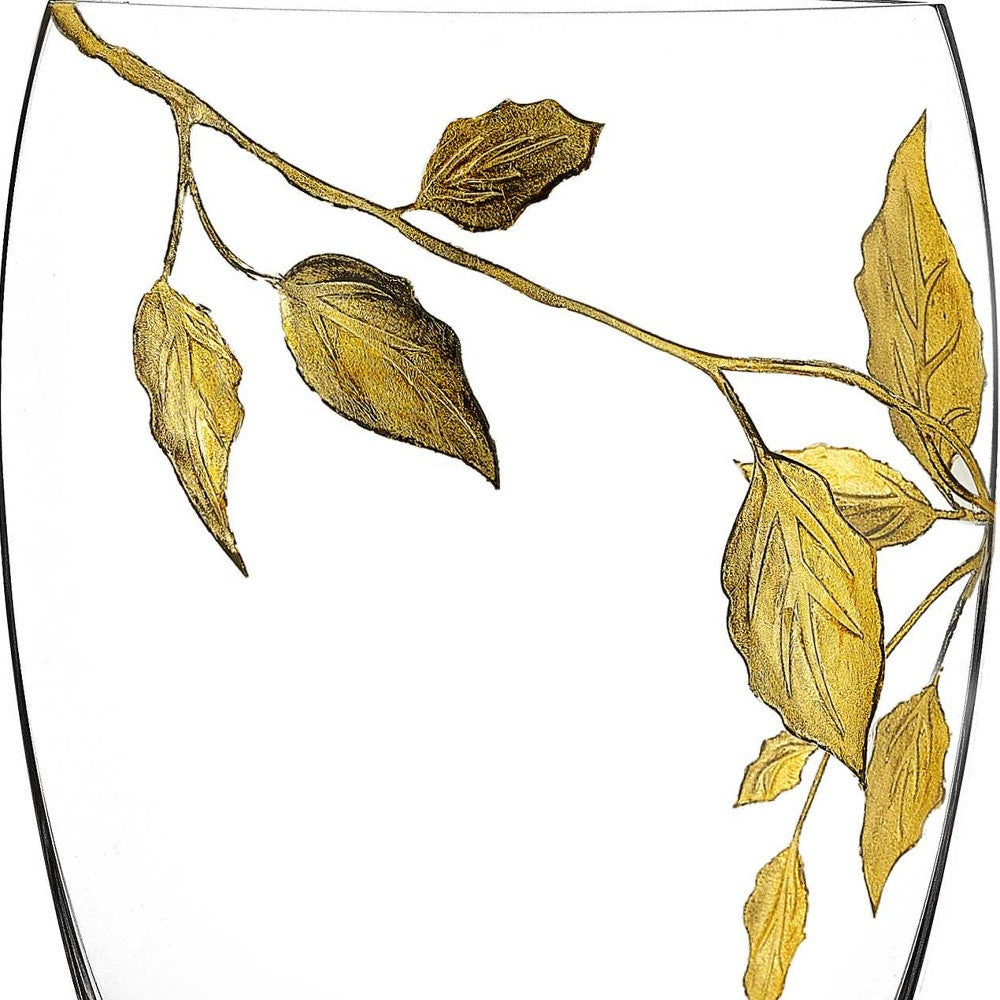 12" Clear And Gold Leaves Oval Crystal Glass Table Vase-Vases-DECOROLALA