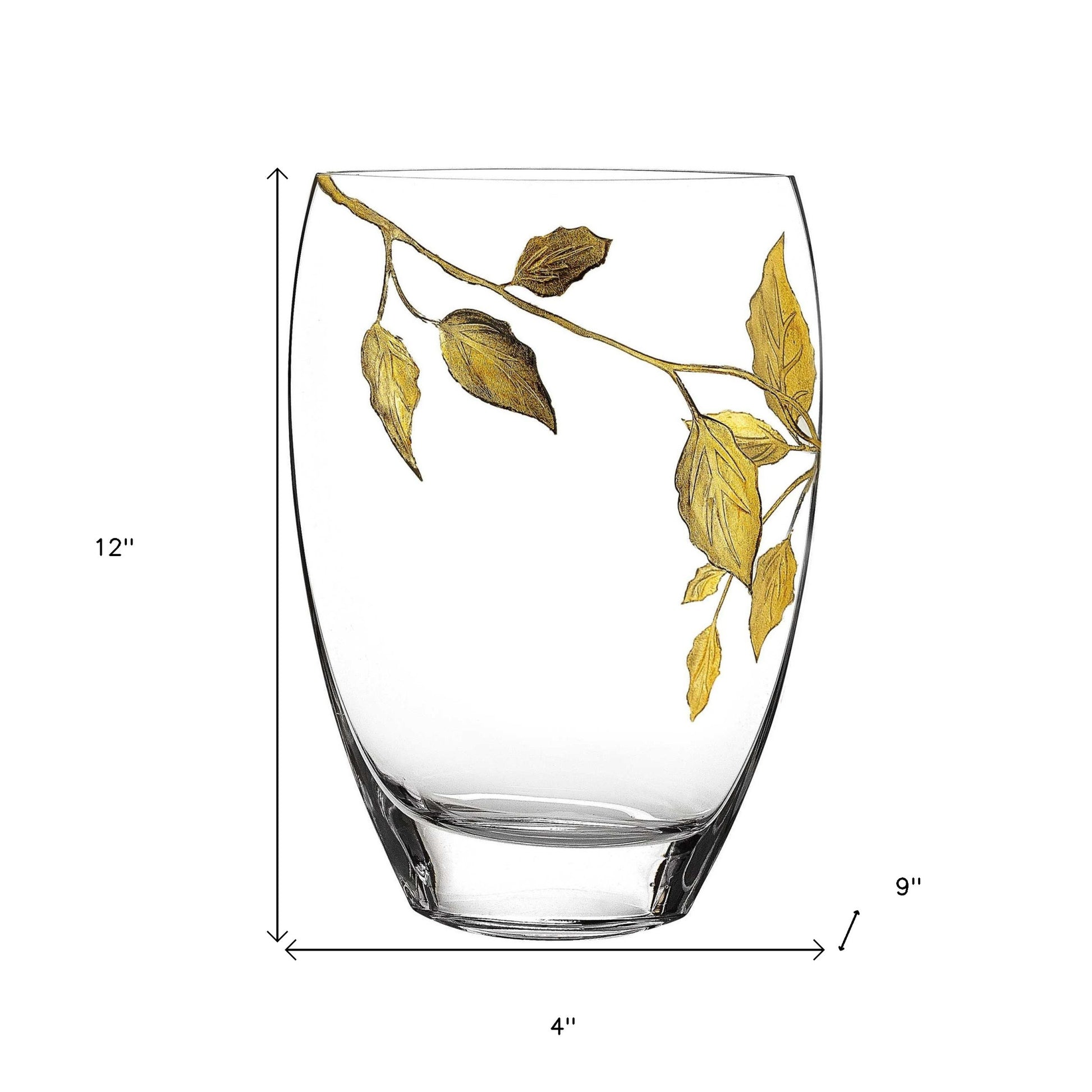 12" Clear And Gold Leaves Oval Crystal Glass Table Vase-Vases-DECOROLALA