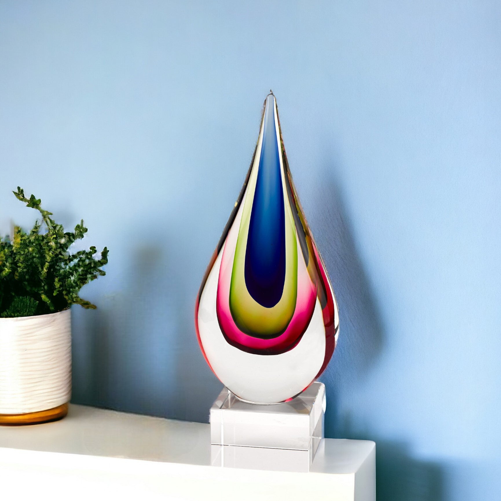 12" Clear Red Blue Yellow Murano Glass Modern Abstract Tabletop Sculpture-Sculptures-DECOROLALA