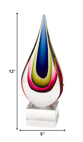 12" Clear Red Blue Yellow Murano Glass Modern Abstract Tabletop Sculpture-Sculptures-DECOROLALA