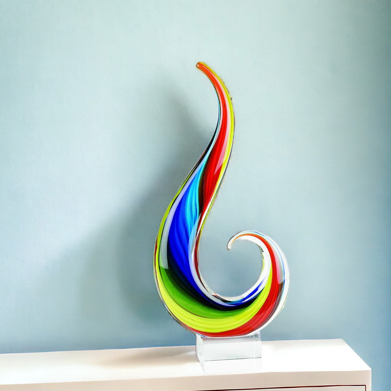 12" Clear Red Blue Yellow Murano Glass Modern Abstract Tabletop Sculpture-Sculptures-DECOROLALA