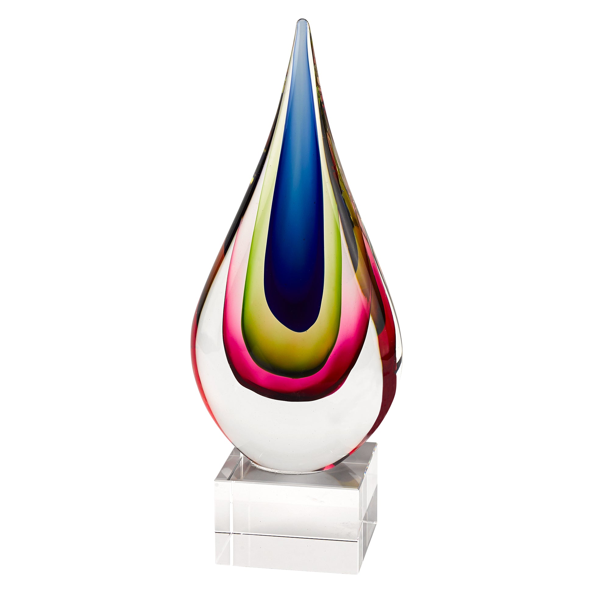 12" Clear Red Blue Yellow Murano Glass Modern Abstract Tabletop Sculpture-Sculptures-DECOROLALA