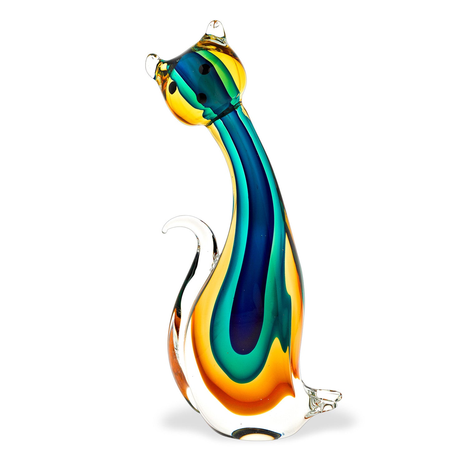12" Clear Yellow Green Black Murano Glass Cat Figurine Tabletop Sculpture-Sculptures-DECOROLALA