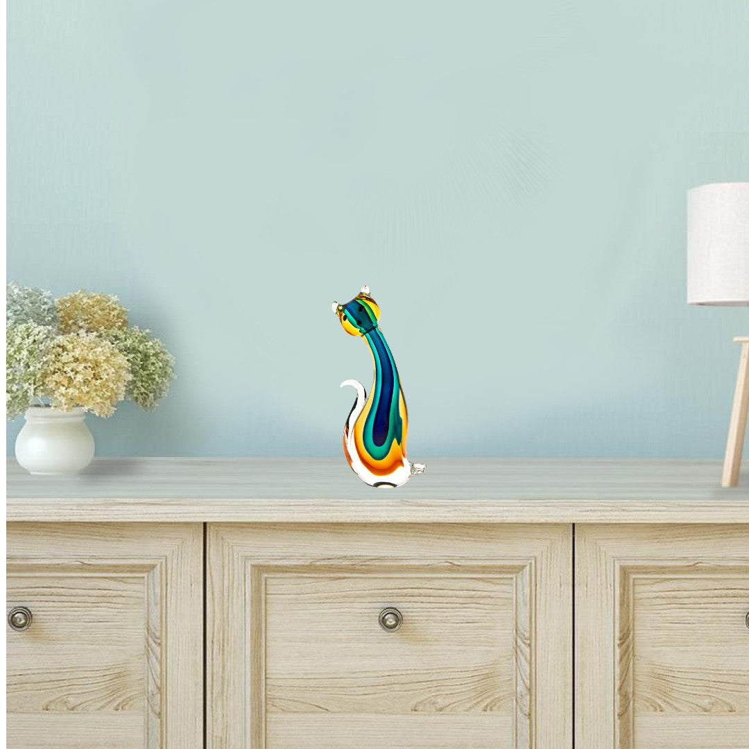 12" Clear Yellow Green Black Murano Glass Cat Figurine Tabletop Sculpture-Sculptures-DECOROLALA