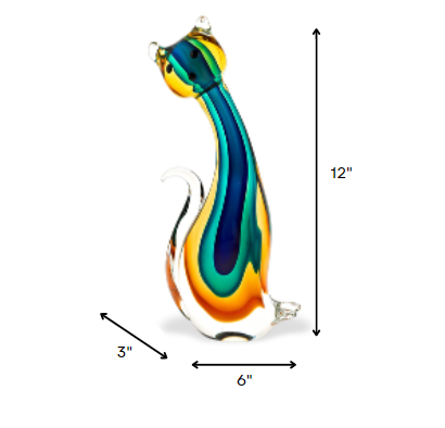 12" Clear Yellow Green Black Murano Glass Cat Figurine Tabletop Sculpture-Sculptures-DECOROLALA