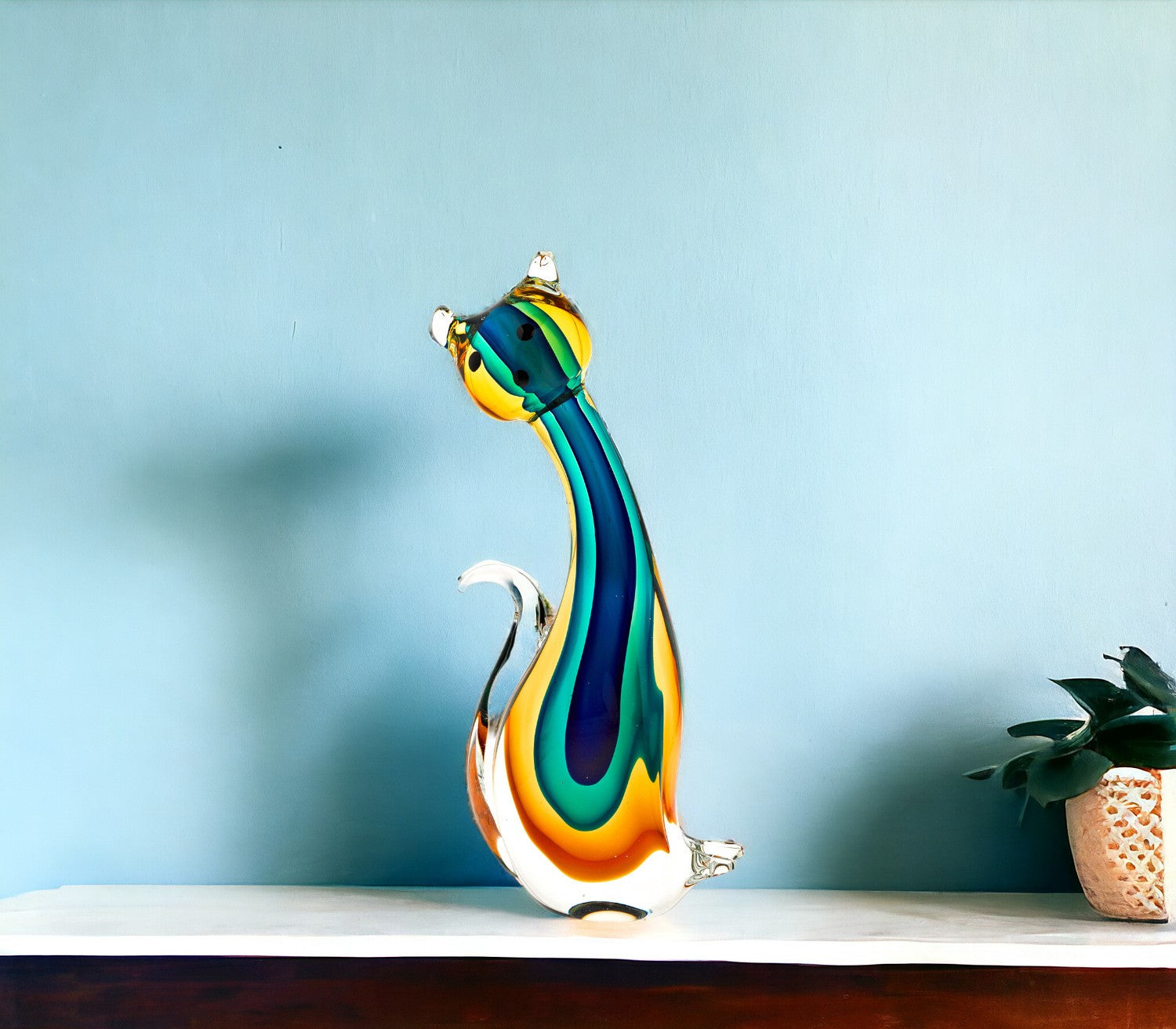 12" Clear Yellow Green Black Murano Glass Cat Figurine Tabletop Sculpture-Sculptures-DECOROLALA