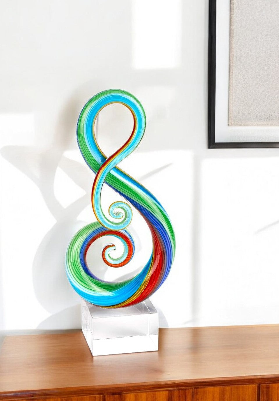 12" Clear and Rainbow Murano Glass Modern Abstract Tabletop Sculpture-Sculptures-DECOROLALA