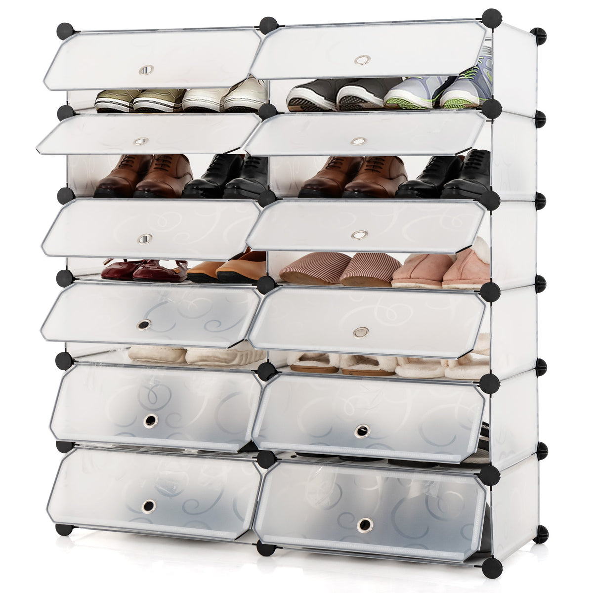 12-Cube DIY Portable Plastic Shoe Rack with Transparent Doors-White ...
