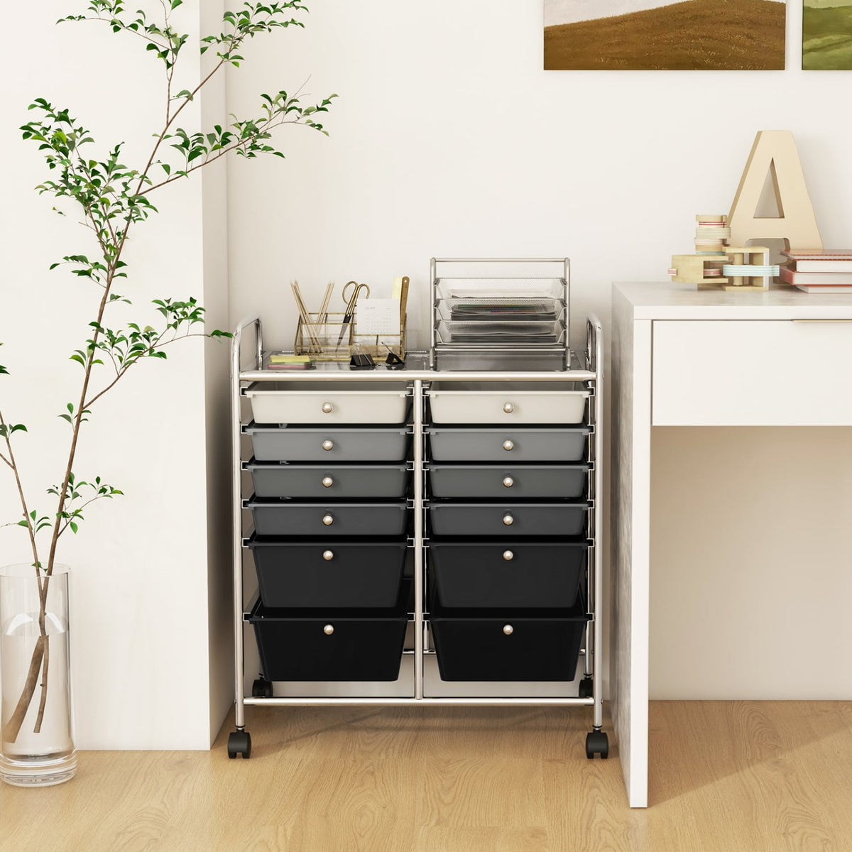 12-Drawer Rolling Storage Cart with Removable Drawers and Lockable Wheels-Gray-File Cabinets-DECOROLALA