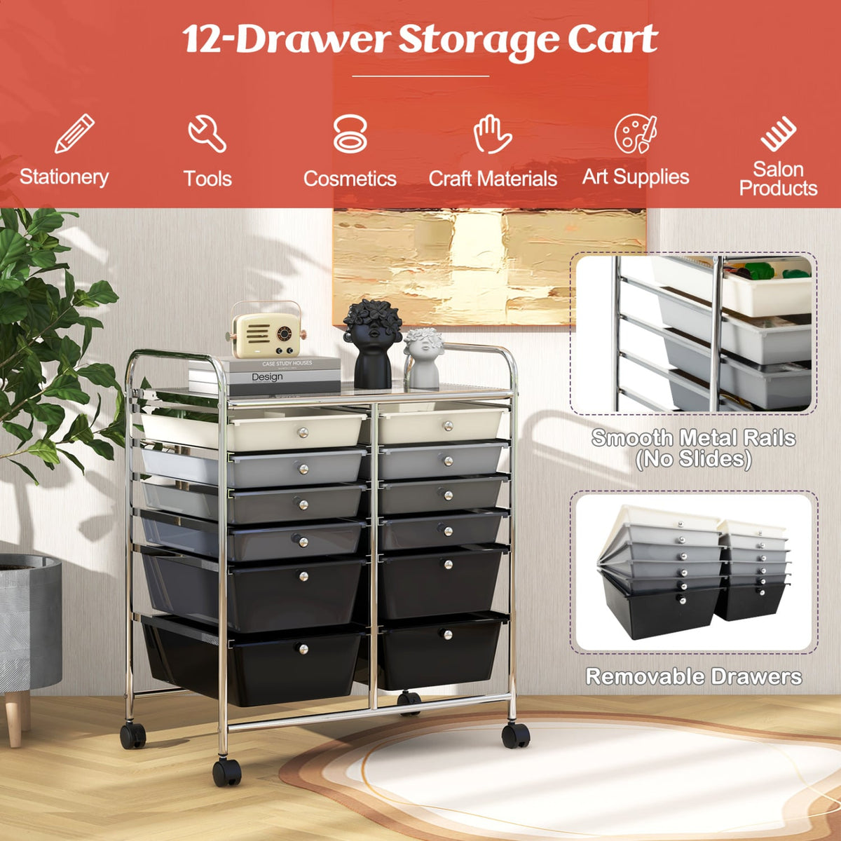 12-Drawer Rolling Storage Cart with Removable Drawers and Lockable Wheels-Gray-File Cabinets-DECOROLALA