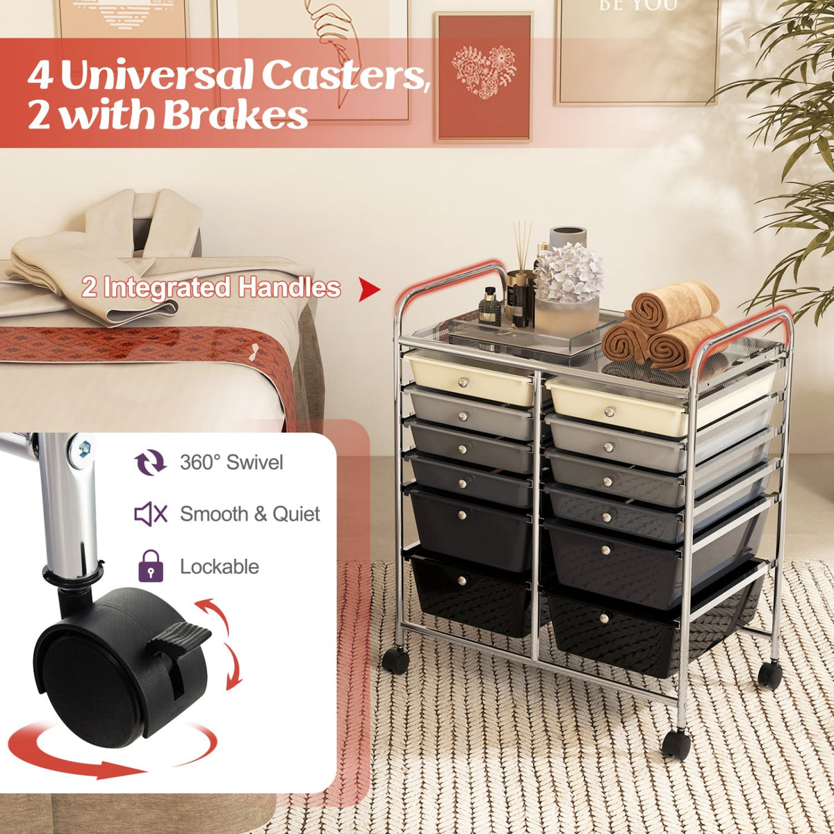 12-Drawer Rolling Storage Cart with Removable Drawers and Lockable Wheels-Gray-File Cabinets-DECOROLALA