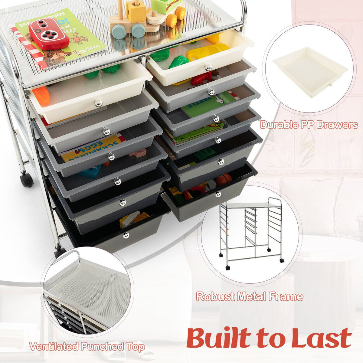12-Drawer Rolling Storage Cart with Removable Drawers and Lockable Wheels-Gray-File Cabinets-DECOROLALA