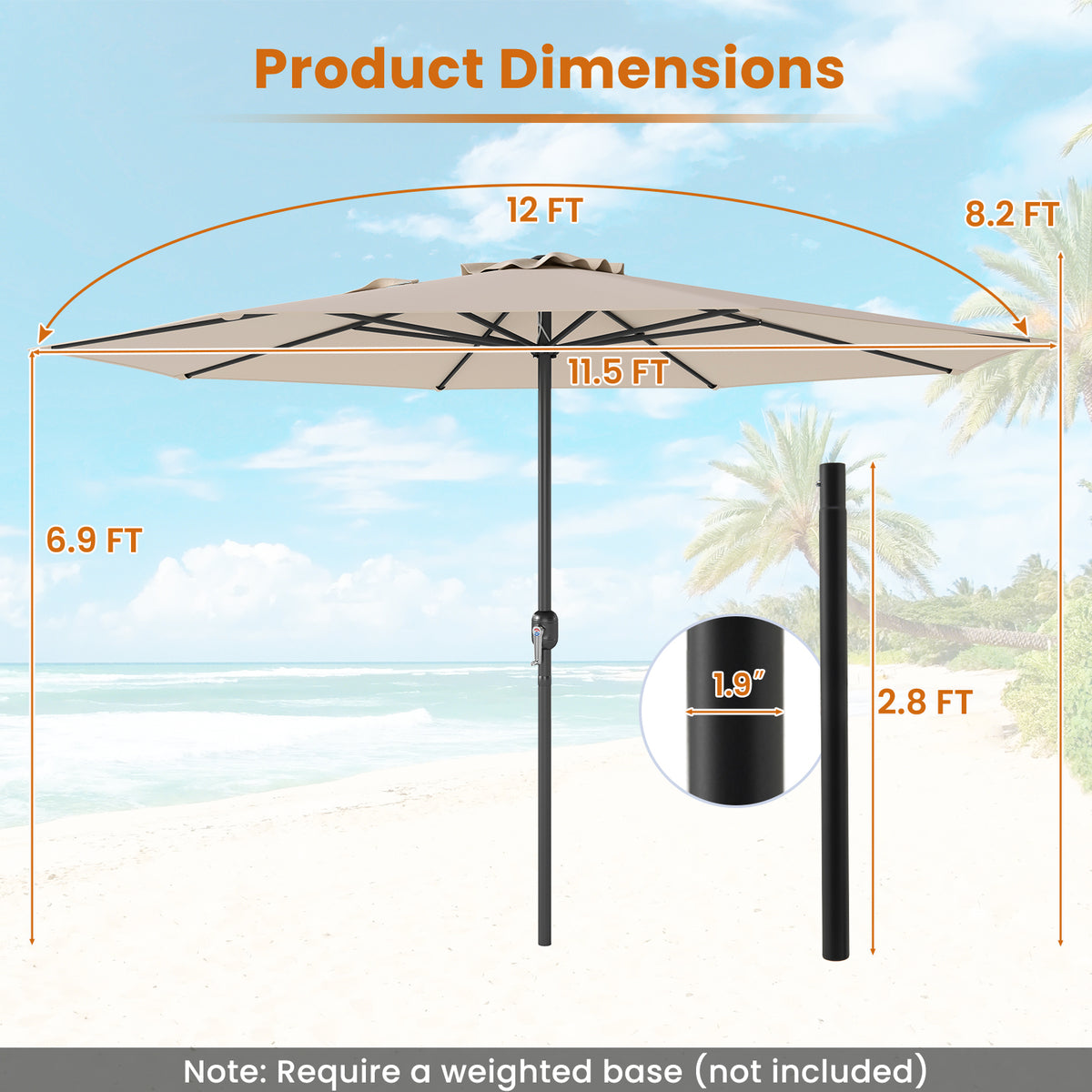 12 Feet Patio Umbrella with Crank Handle and 8 Sturdy Ribs-Beige-Outdoor Umbrellas-DECOROLALA