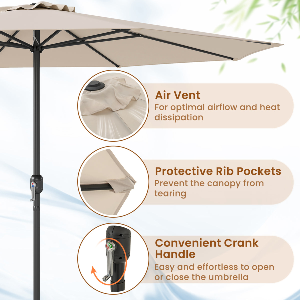 12 Feet Patio Umbrella with Crank Handle and 8 Sturdy Ribs-Beige-Outdoor Umbrellas-DECOROLALA