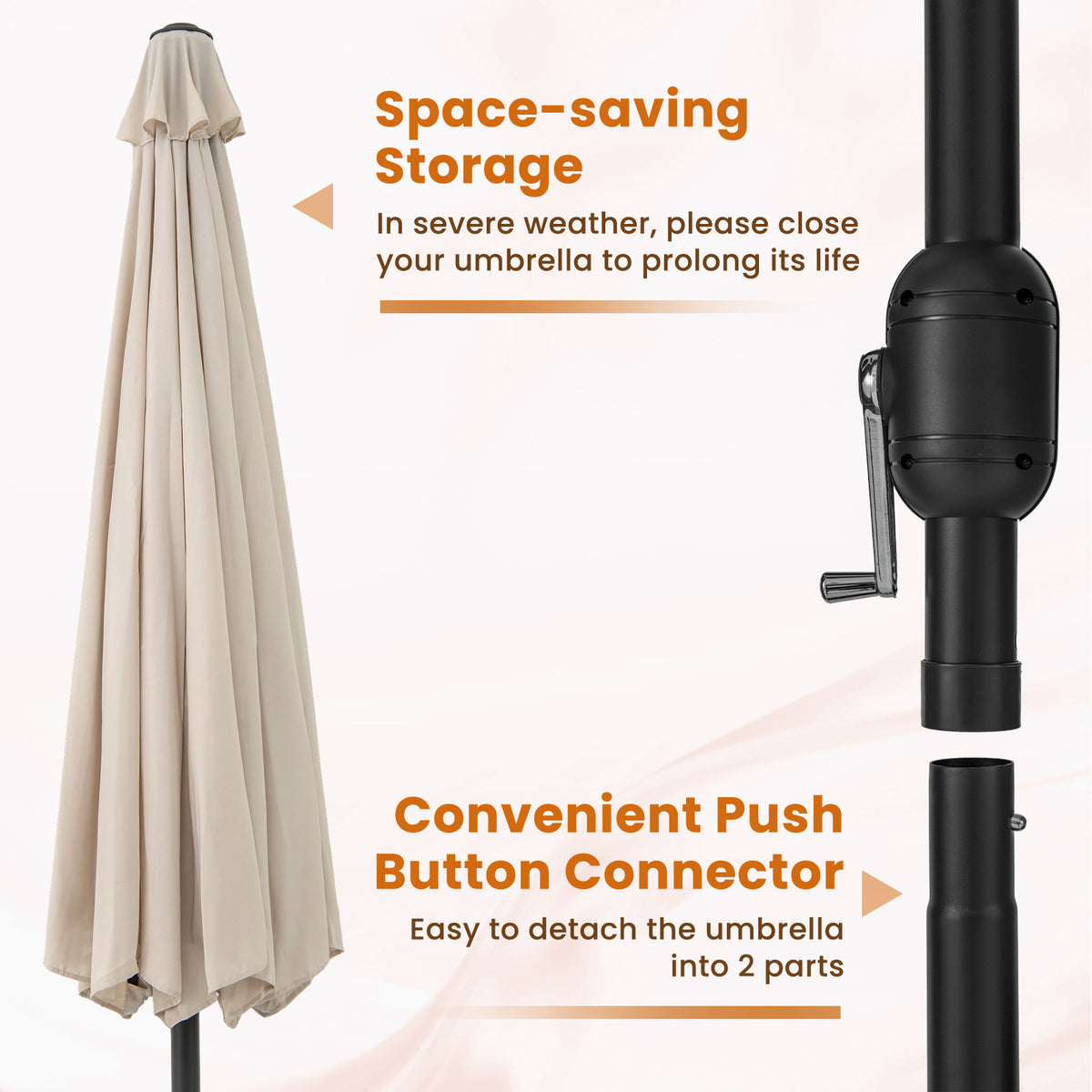 12 Feet Patio Umbrella with Crank Handle and 8 Sturdy Ribs-Beige-Outdoor Umbrellas-DECOROLALA