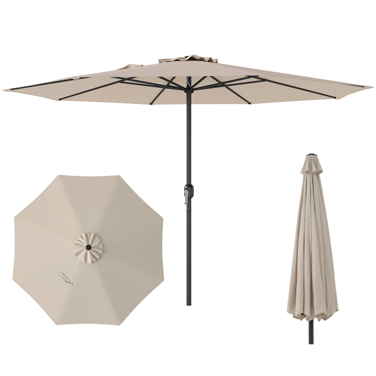 12 Feet Patio Umbrella with Crank Handle and 8 Sturdy Ribs-Beige-Outdoor Umbrellas-DECOROLALA